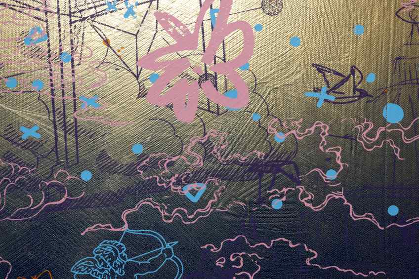 Sky Flowers - wide (gold, blue), 2022 by Joseph Klibansky